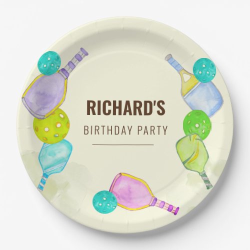 Watercolor Theme Pickleball Sports Birthday Party Paper Plates