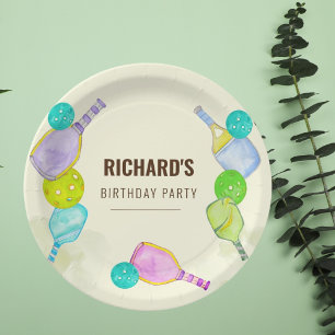 Watercolor Theme Pickleball Sports Birthday Party Paper Plates