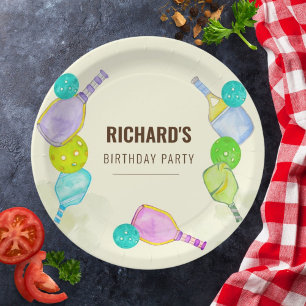 Watercolor Theme Pickleball Sports Birthday Party Paper Plates