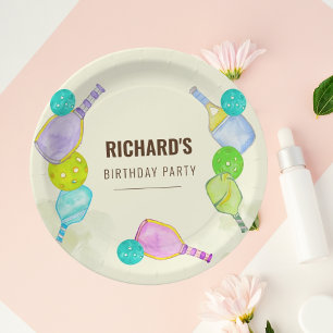 Watercolor Theme Pickleball Sports Birthday Party Paper Plates