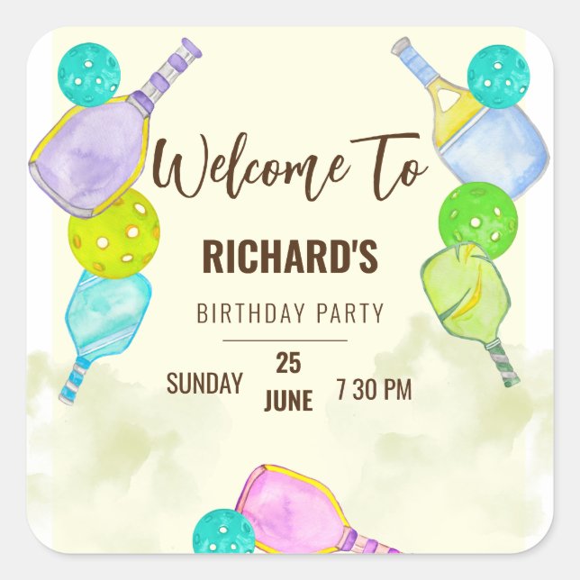Watercolor Theme Pickleball Sports Birthday Party Square Sticker (Front)