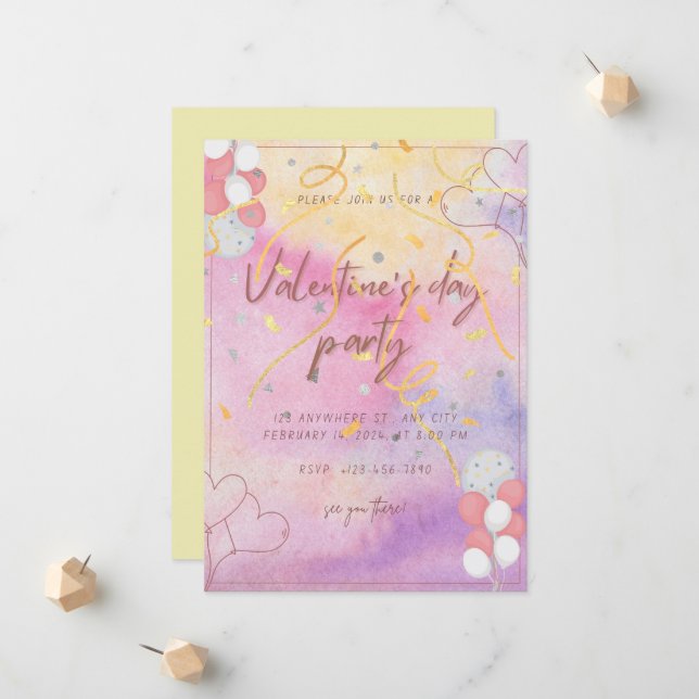Watercolor theme Valentines Day Party Invitation  (Front/Back In Situ)