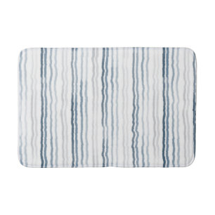 Watercolor Thin Stripes, Slate Blue, Gray, White Bath Mat