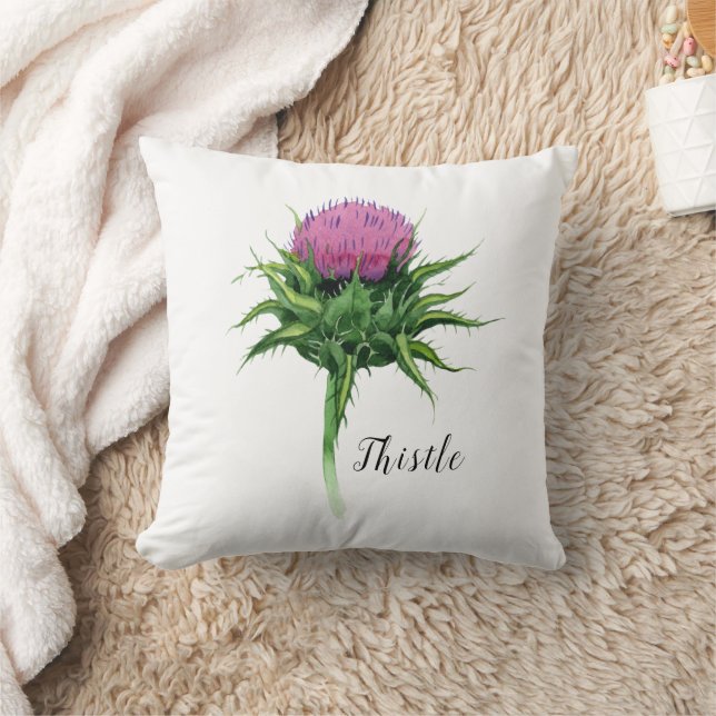 Watercolor Thistle Botanical Throw Pillow (Blanket)