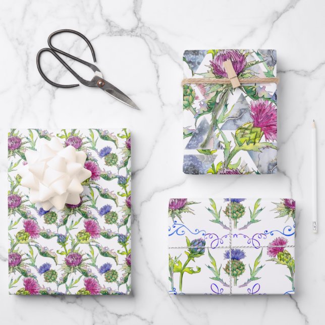 Watercolor Thistles Wrapping Paper Sheets (Front)