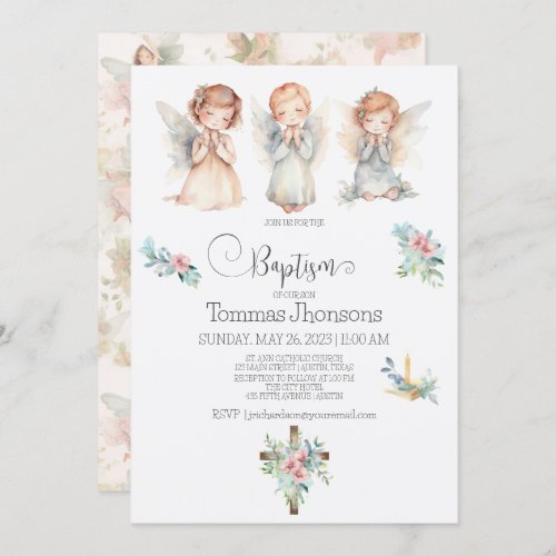 Watercolor Three Angels Baby Baptism Invitation