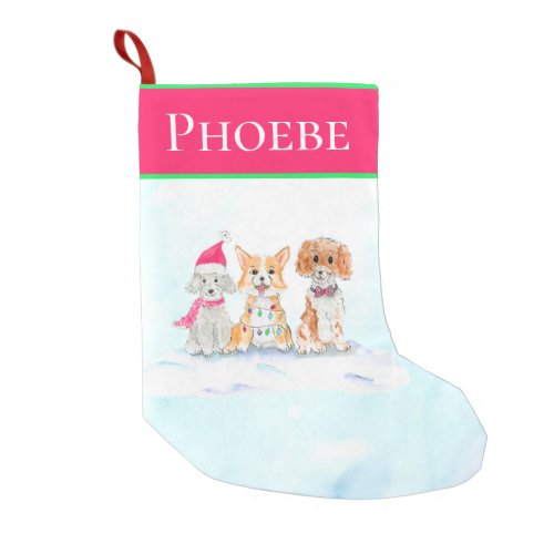 Watercolor Three Cute Dogs Ready For Christmas Small Christmas Stocking