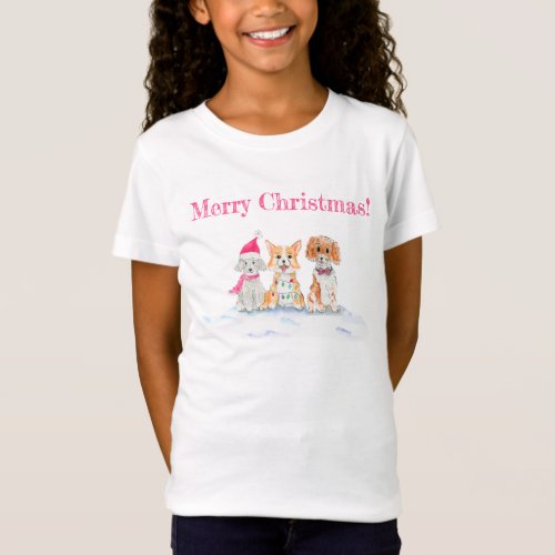 Watercolor Three Cute Dogs Ready For Christmas T_Shirt