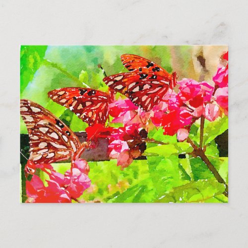 Watercolor Three Gulf Frittilary Butterflies Postcard
