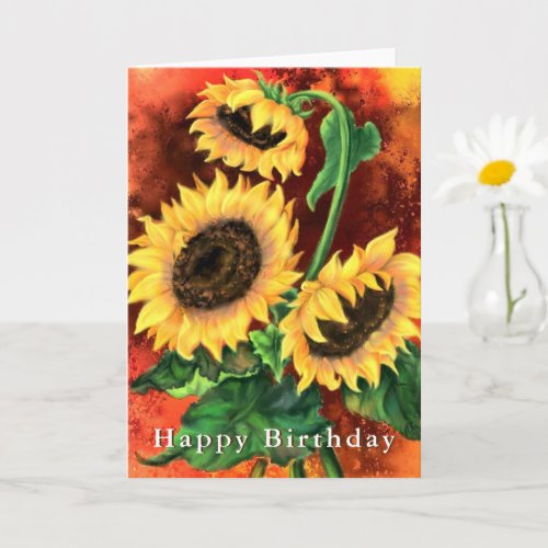 Watercolor Three Sunflowers Birthday Card