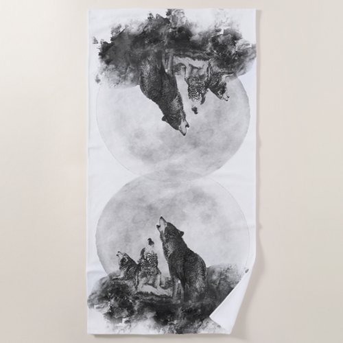 Watercolor  Three Wolf Howling at the Moon Beach Towel