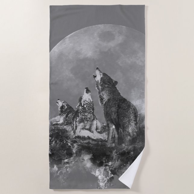 Watercolor Three Wolves Howling at the Moon Beach Towel (Front)