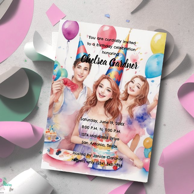 Watercolor Three Young People Celebrating Birthday Invitation (Creator Uploaded)