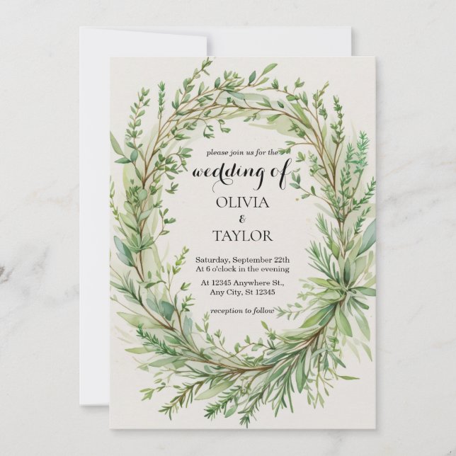 Watercolor Thyme Rosemary Sprig Wreath Wedding Invitation (Front)