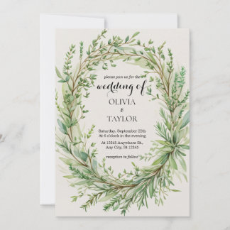Watercolor Thyme Rosemary Sprig Wreath Wedding Invitation