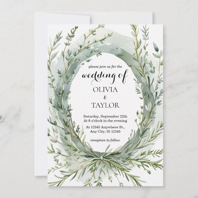 Watercolor Thyme Rosemary Sprig Wreath Wedding Invitation (Front)