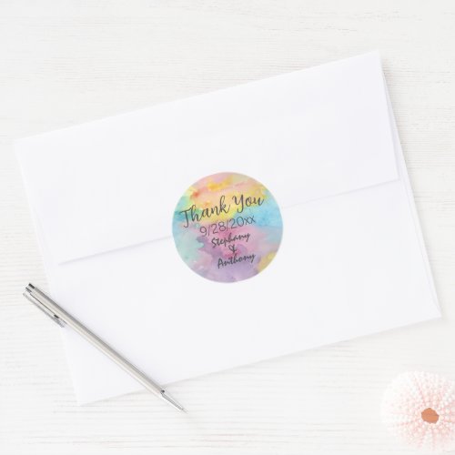 Watercolor Tie Dye Look Thank You Wedding Classic Round Sticker