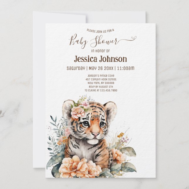 Watercolor Tiger in Flowers Baby Shower Invitation (Front)