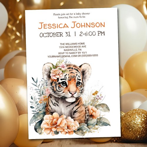 Watercolor Tiger in Flowers Baby Shower Invitation