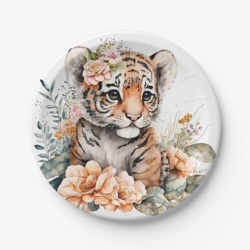 Watercolor Tiger in Flowers Paper Plates