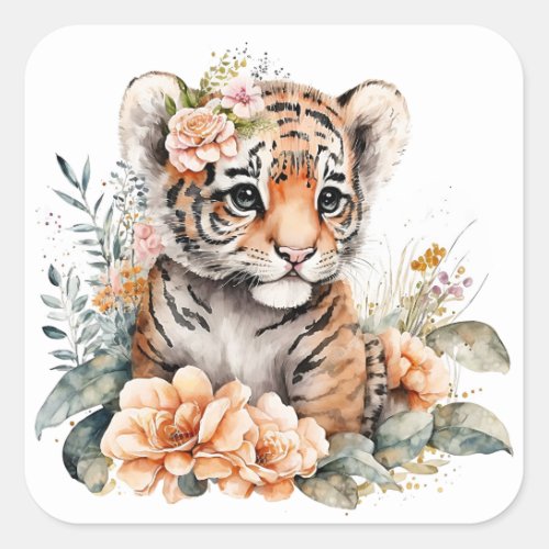 Watercolor Tiger in Flowers Square Sticker