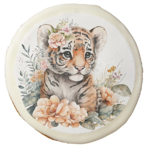Watercolor Tiger in Flowers Sugar Cookie