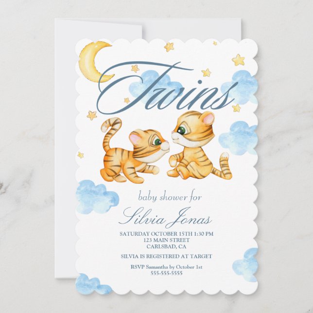 Watercolor Tiger jungle animal twins baby shower Invitation (Front)