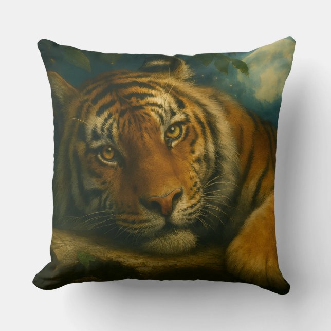 Watercolor Tiger Resting in Night Forest Throw Pillow (Front)