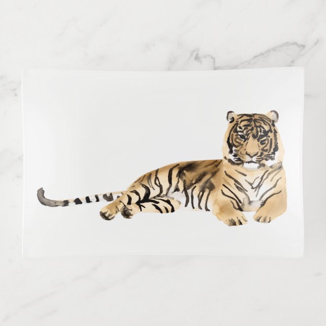 Watercolor Tiger Resting Trinket Tray (Front)