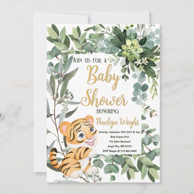 Watercolor Tiger Safari Jungle Leaf Baby Shower Invitation (Front)