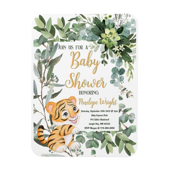 Watercolor Tiger Safari Jungle Leaf Baby Shower Magnet (Vertical)