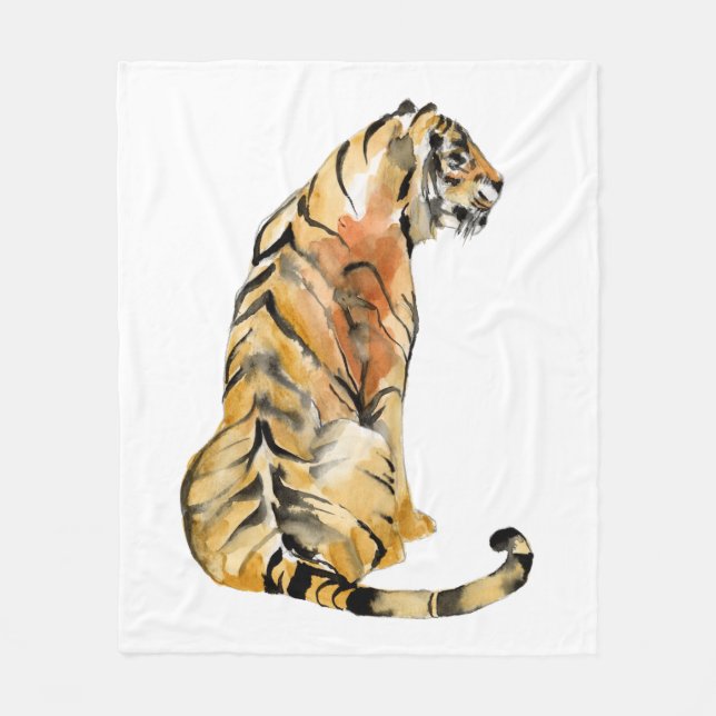 Watercolor Tiger Sitting Fleece Blanket (Front)