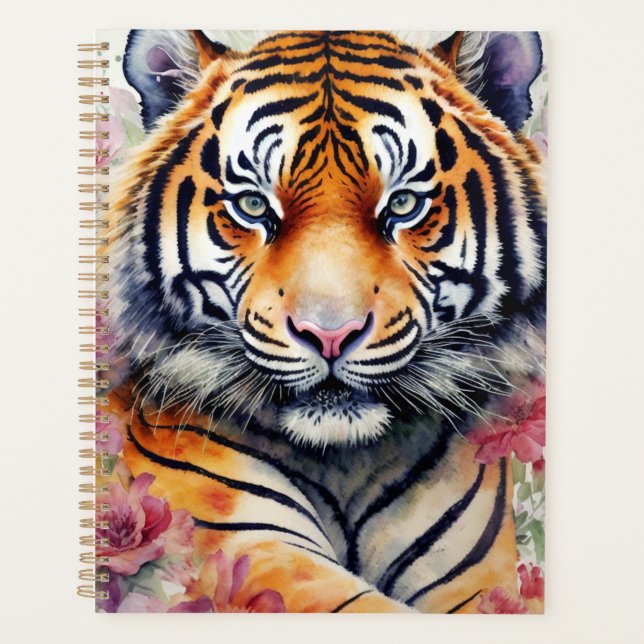 Watercolor Tiger With Flowers Floral Painting Planner (Front)