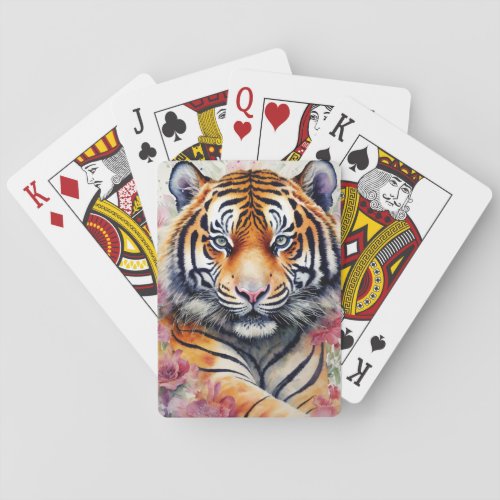 Watercolor Tiger With Flowers Floral Painting Playing Cards