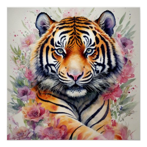 Watercolor Tiger With Flowers Floral Painting Poster