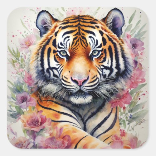 Watercolor Tiger With Flowers Floral Painting Square Sticker