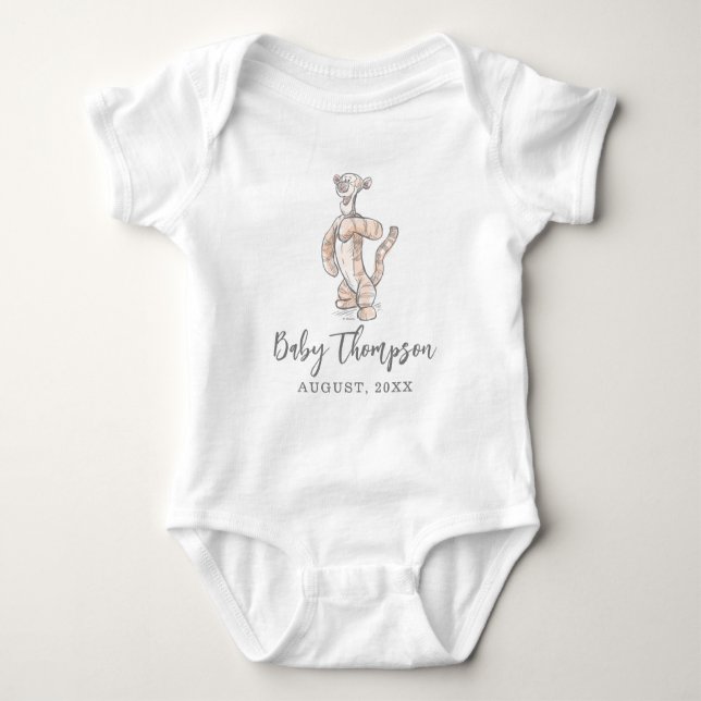 Watercolor Tigger Announcement Date Baby Bodysuit (Front)