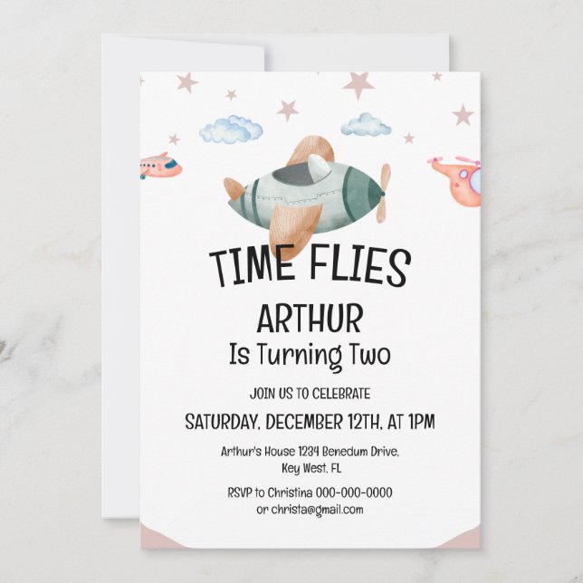 Watercolor Time Flies Airplane Birthday Invitation (Front)