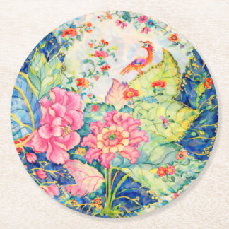 Watercolor Tobacco Leaf China Inspired Round Paper Coaster