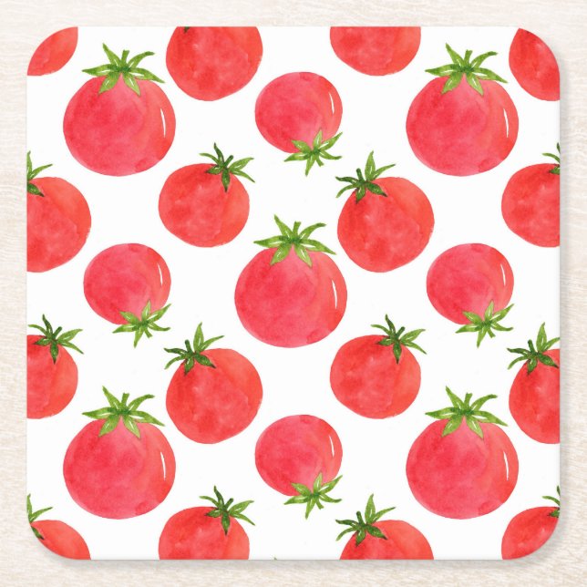Watercolor Tomatoes Pattern  Square Paper Coaster (Front)