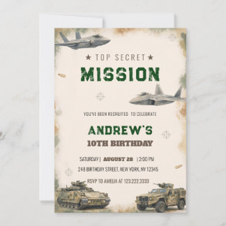Watercolor Top Secret Military Mission Birthday Invitation