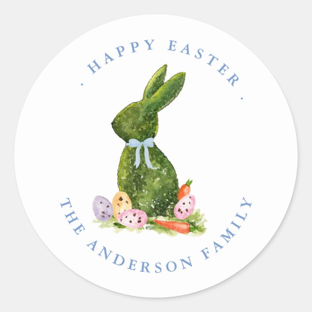 Watercolor Topiary Rabbit Happy Easter  Classic Round Sticker (Front)