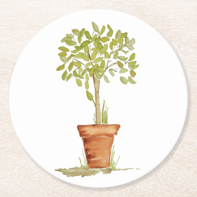 Watercolor Topiary Tree Round Paper Coaster (Front)