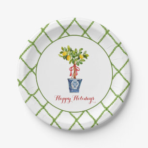 Watercolor Topiary & Trellis border Happy Holiday Paper Plates