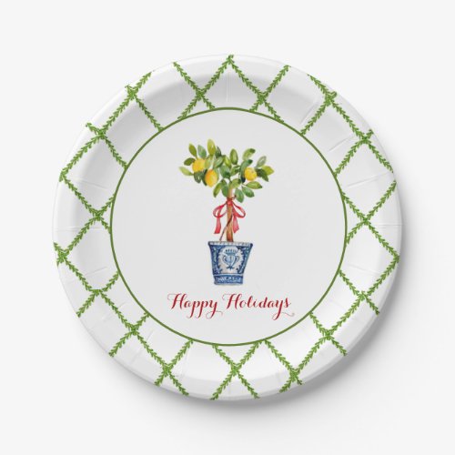 Watercolor Topiary  Trellis border Happy Holiday  Paper Plates