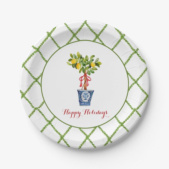 Watercolor Topiary & Trellis border Happy Holiday  Paper Plates (Front)