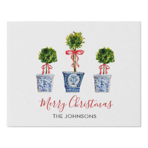 Watercolor Topiary with red bow Holiday Faux Canvas Print