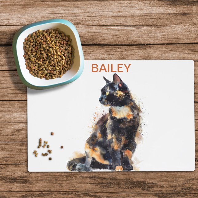 Watercolor Tortoiseshell Cat Custom Cat Food Mat (Creator Uploaded)