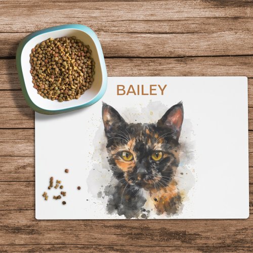 Watercolor Tortoiseshell Cat Custom Cat Food Mat