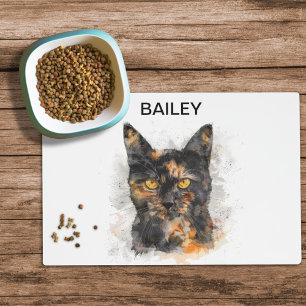 Watercolor Tortoiseshell Cat Custom Cat Food Mat